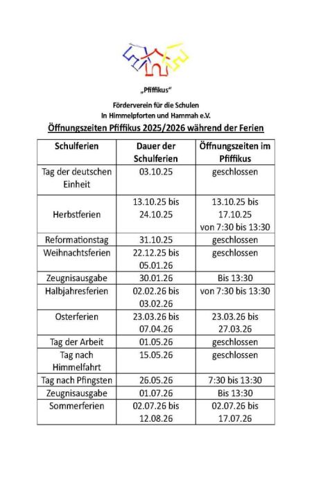 Öffnungszeiten der Ferienbetreuung Hammah 2025/2026
