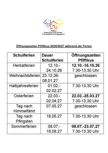 Öffnungszeiten der Ferienbetreuung 2026/2027