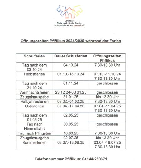 Öffnungszeiten der Ferienbetreuung Hammah 2024/2025